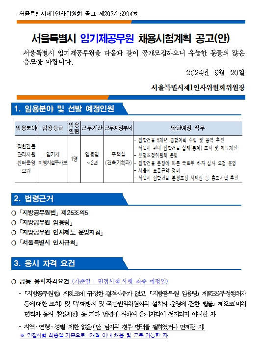 
서울특별시제1인사위원회 공고 제2024-5994호
서울특별시 임기제공무원 채용시험계획 공고(안)
서울특별시 임기제공무원을 다음과 같이 공개모집하오니 유능한 분들의 많은 응모를 바랍니다.
2024년 9월 20일
서울특별시제1인사위원회위원장
1. 임용분야 및 선발예정인원
임용분야 집합건물 관리지원 센터운영
일용등급 임기제 지방시설주사보
임용인원 1명
근무기간 임용일 ~2년
근무예정부서 주택실(건축기획과)
담담예정 직무
-집합건물 5개년 종합계획 수립 및 용역 추진
-서울시 관내 집합건물 실태(통계) 조사 및 제도개선
-분쟁조정위원회 운영
-집합건물 분쟁에 따른 국토부 하자 심사 요청 운영
-서울시 표준규약 정비
-서울시 집합건물 분쟁조정 사례집 등 홍보사업 추진
2. 법령근거
○「지방공무원법」 제25조의5
○「지방공무원 임용령」
ᄋ 「지방공무원 인사제도 운영지침」
ᄋ「서울특별시 인사규칙」
3. 응시 자격 요건
○ 공통 응시자격요건 (기준일 : 면접시험 시행 최종 예정일)
-「지방공무원법」 제8조에 규정한 결격사유가 없고 「지방공무원 임용령」 제65조(부정행위자
등에대한 조치) 및 「부패방지 및 국민권익위원회의 설치와 운영에 관한 법률」 제2조(
면직자 등의 취업제한 등 기타 법령에 의하여 응시자격이 정지되지 아니한 자
- 지역·연령·성별 제한 없음 (단 남자의 경우 병역을 필하였거나 면제된 자 면접시험 최종일 기준으로 1개월 이내 채용 및 근무 가능한 자